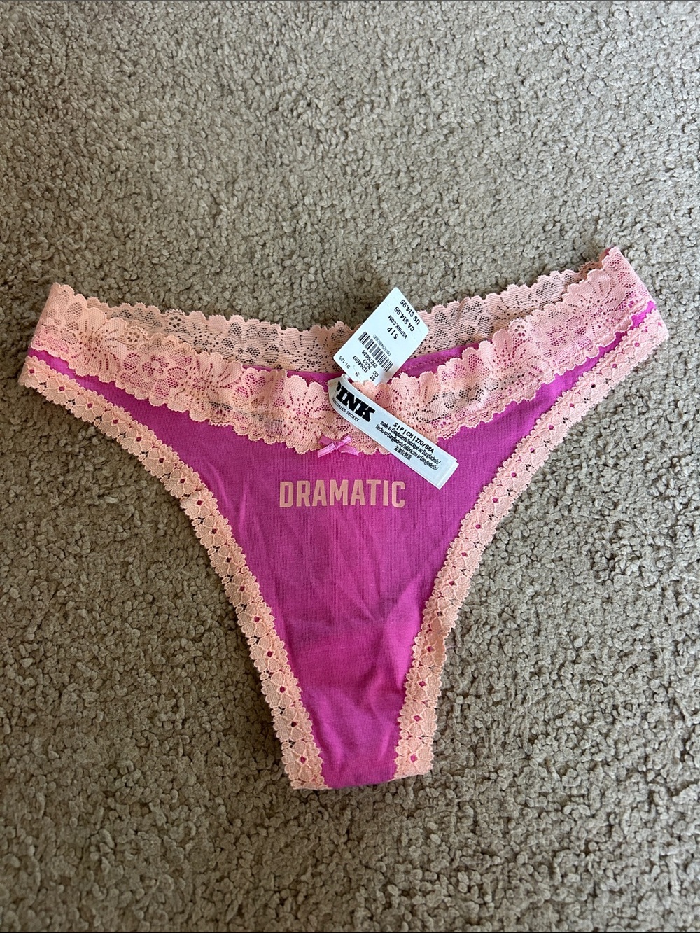PINK Victoria's Secret Magenta Thong with Light Pink Lace